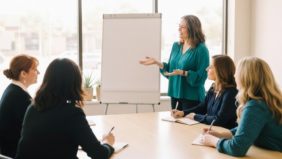 Renee Seltzer teaching a small group of adults at a flip chart in a bright room