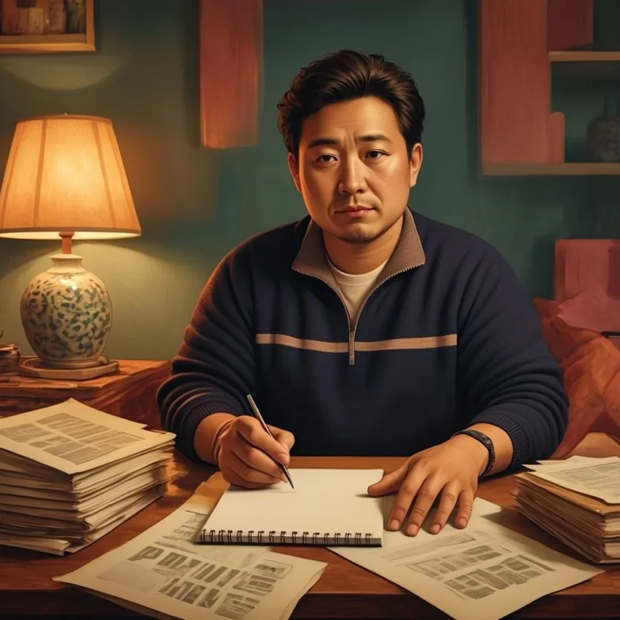 A South Asian man in his thirties sits at a home office desk surrounded by old printed proposals and folders, staring at a blank notepad with a pen in his hand.