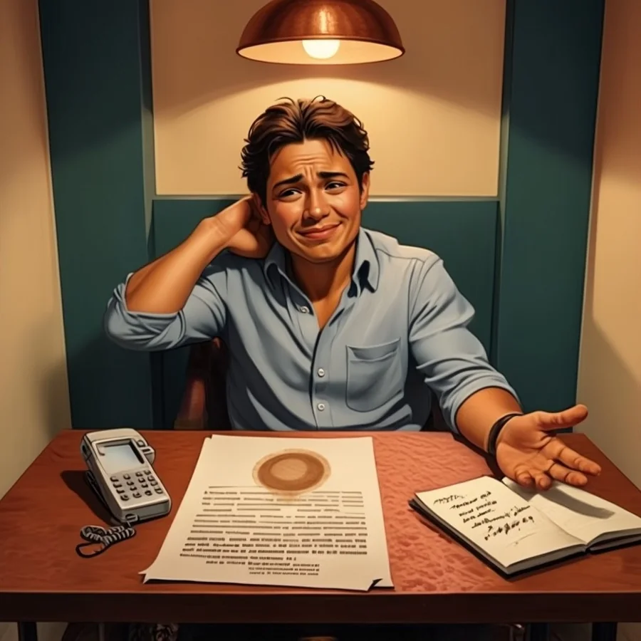 A Latino man in his thirties with short dark hair sits at a small office desk late in the day with a printed proposal with a coffee ring, a phone face up and a notebook, rubbing the back of his neck.