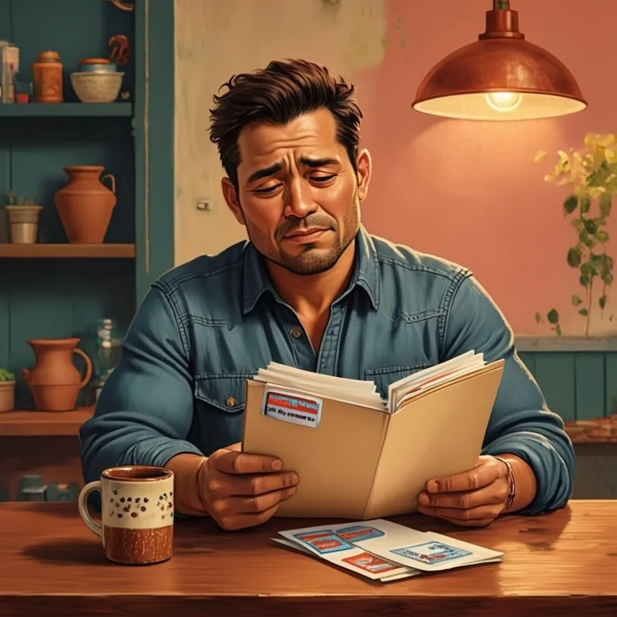 A man about forty with a trimmed beard sits in an office break room holding a thick folder of appointment papers beside a coffee cup.