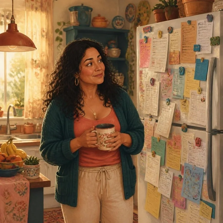 A woman in her thirties with a coffee mug staring at a fridge door covered in school forms and notes.