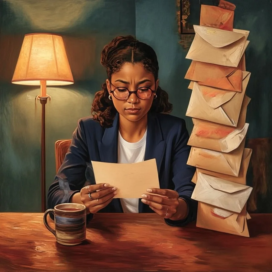 A Black woman in her thirties with a dark brown curly bob and stylish glasses sits at a dining table squinting at a letter beside a tall leaning stack of envelopes and a cup of tea, evening lamp light.