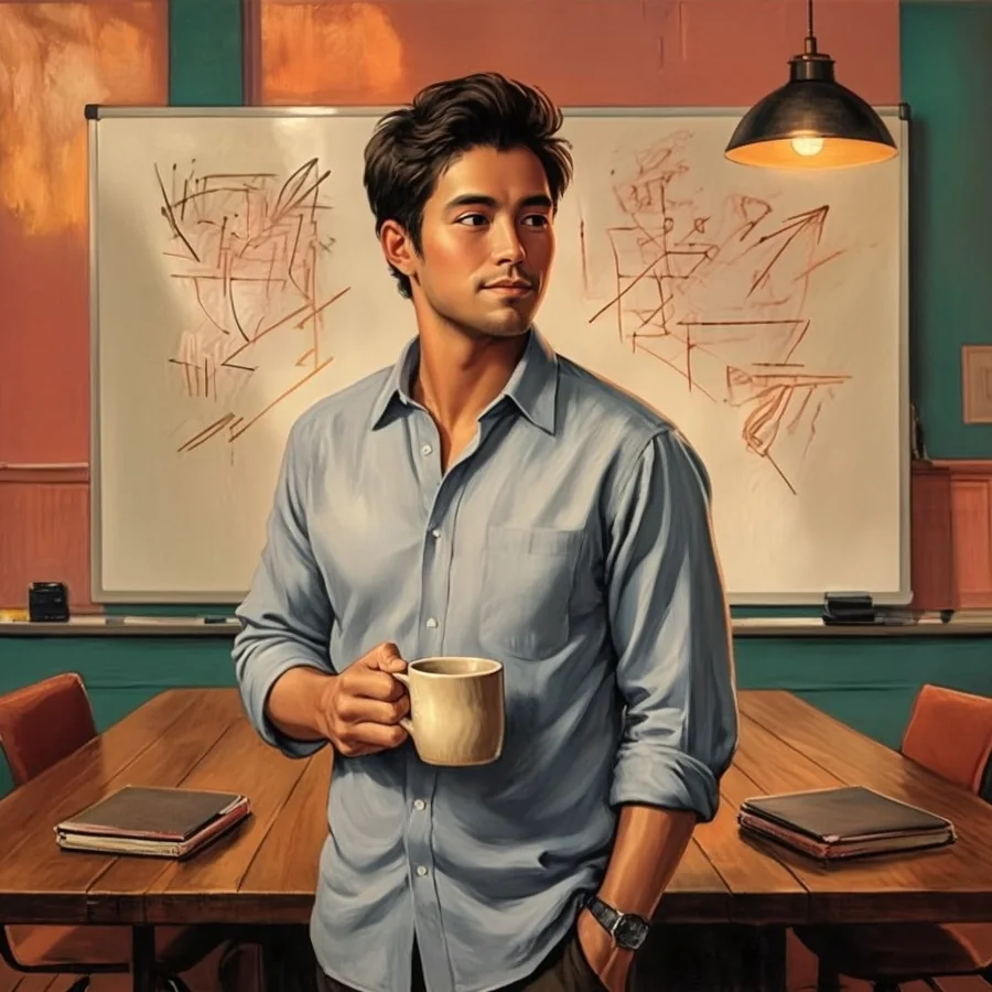 An East Asian man in his thirties leaves a conference room with a coffee in hand, looking back over his shoulder at a whiteboard covered in arrows and scribbled shapes.