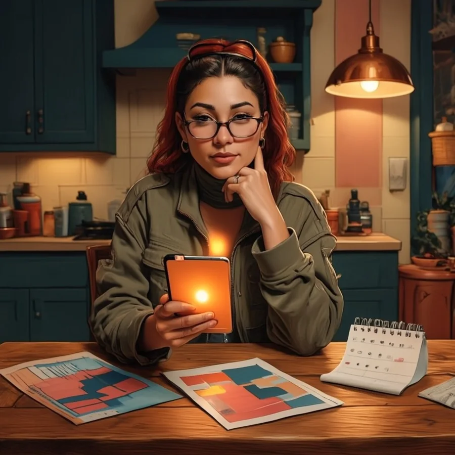 A white woman in her thirties with reading glasses pushed up on her head sits at a kitchen table at night holding a glowing tablet in one hand, a colorful brochure and a paper calendar with plain colored dots beside her, chin in her other hand.