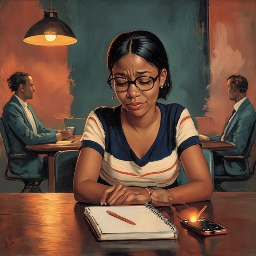 A Black woman in her thirties with a sleek dark bob and stylish glasses sits in a work meeting at a conference table with a closed spiral notebook and a pen in front of her, glancing down at a softly glowing phone held under the table.
