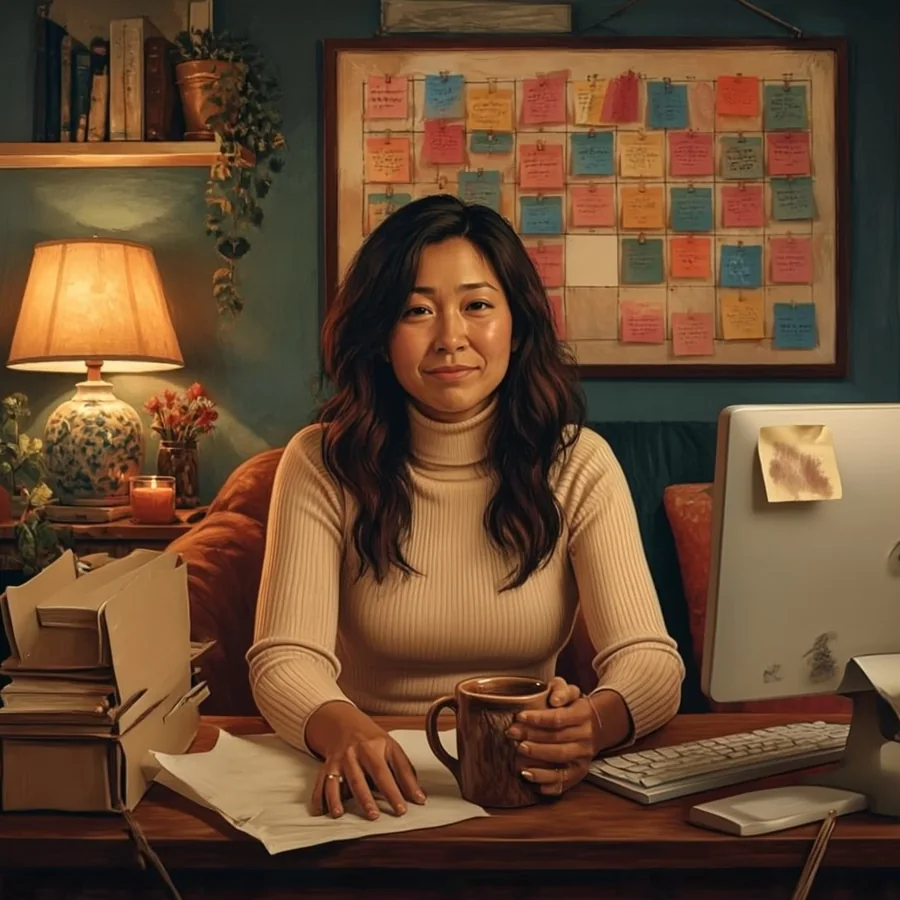 A Latina woman in her thirties with long dark wavy hair sits at a home desk in front of a desktop monitor with a faded sticky note on its corner.