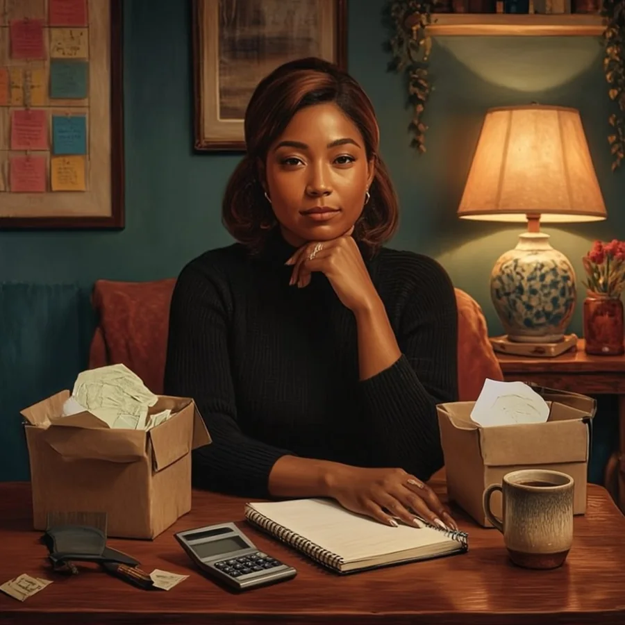 A Black woman in her thirties sits at a dining table on a Sunday evening with plain unlabeled shoeboxes of paper receipts, a calculator, a notebook and a cold coffee, chin in hand.