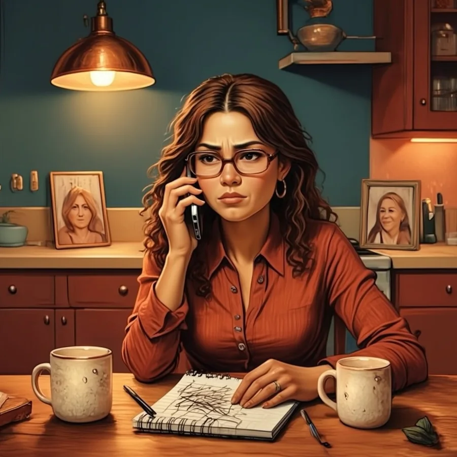 A white woman in her thirties with shoulder-length chestnut hair and stylish glasses sits at a kitchen table in the evening, phone to her ear, a notepad with a scribbled list in front of her and a framed photo of her mother on the counter behind her.