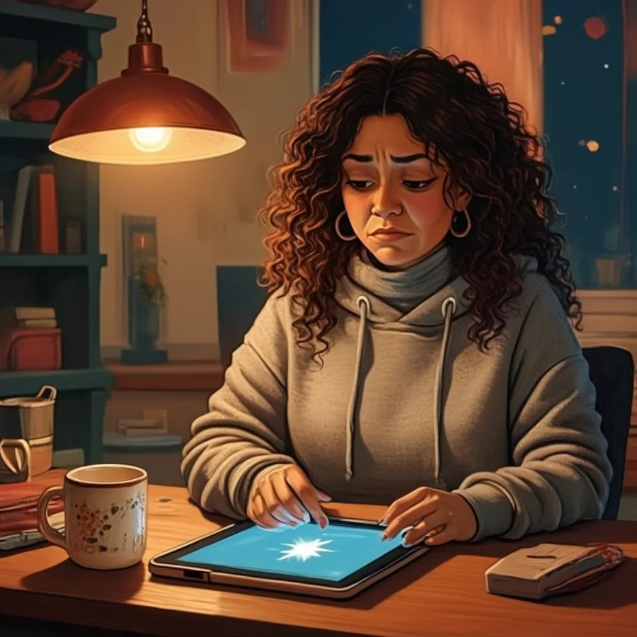 A white woman in her thirties with dark curly hair sits at a home office desk at night, frowning at a tablet lying flat on the desk with a single glowing star on its screen, a cold mug beside her.