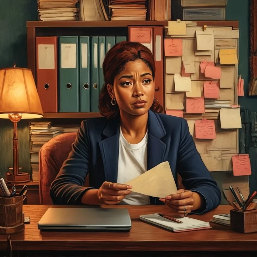 A Black woman in her thirties sits at a small office desk holding a letter, looking at a cluttered shelf of binders and sticky notes.