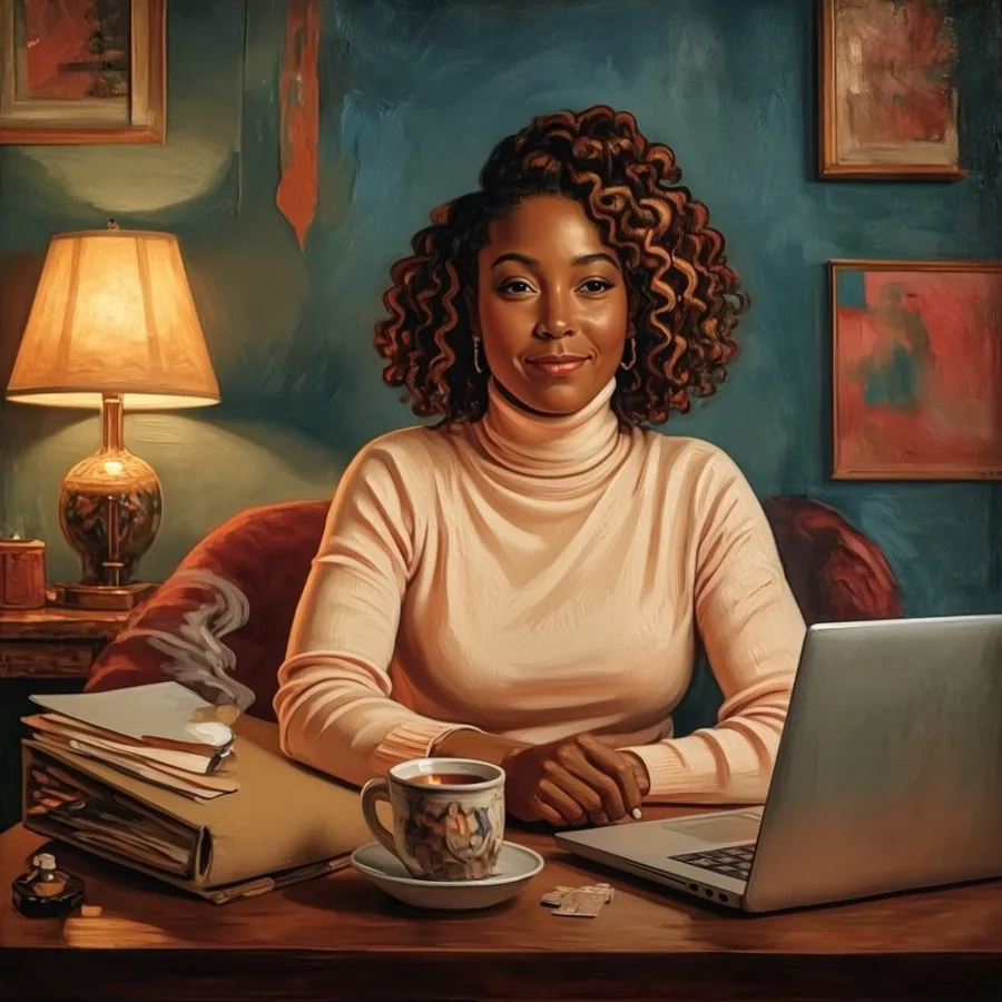 A Black woman in her thirties with a defined honey-brown curly natural hairstyle sits at a desk with a thick folder and a cup of tea, talking to her laptop, calm and a little pleased with herself.