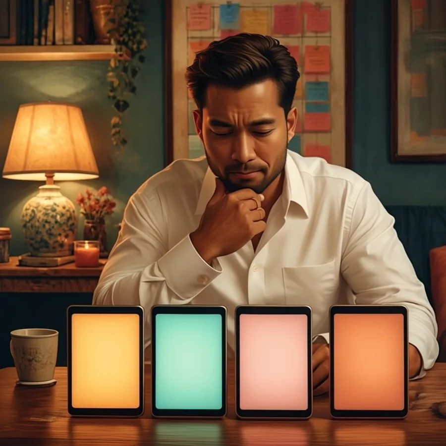 A man in his late thirties with a short beard sits at a table looking at four glowing blank tablets side by side, rubbing his chin.