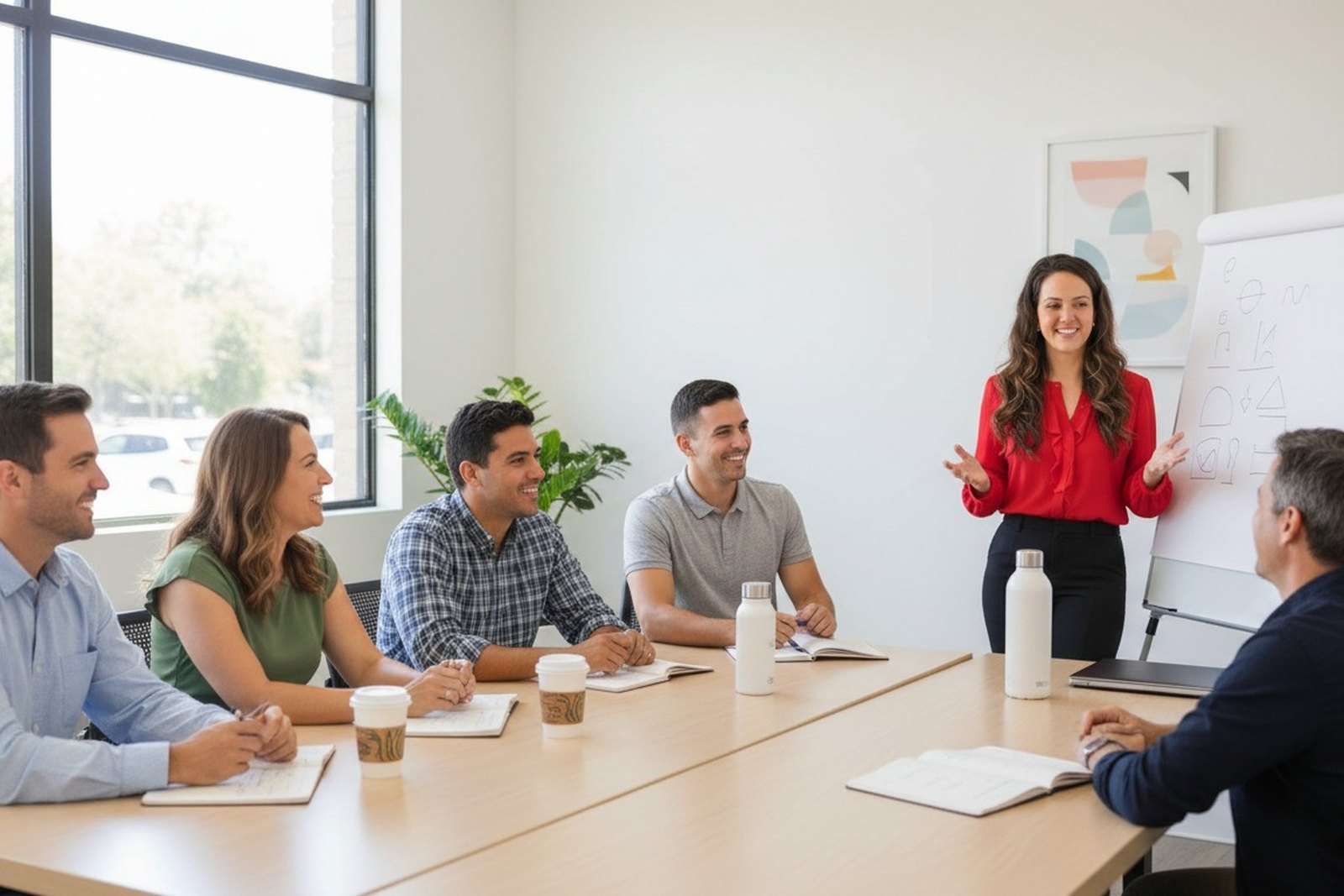 Renee Seltzer leading a workshop for a team seated at tables in a bright office